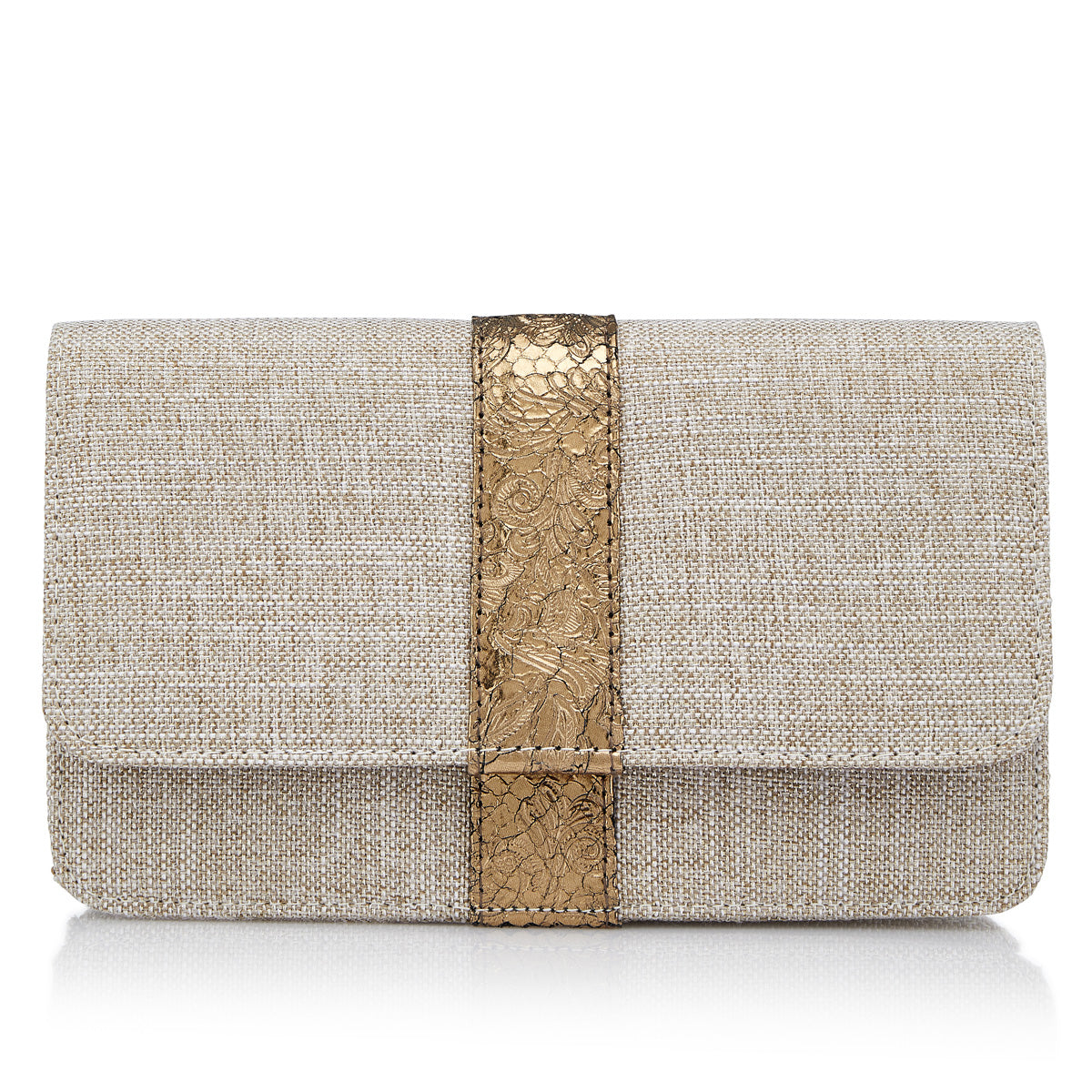 Ecru-colored natural fabric clutch with old gold brocaded central stripe