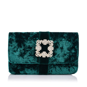 Laminated pearl velvet clutch with gold clasp