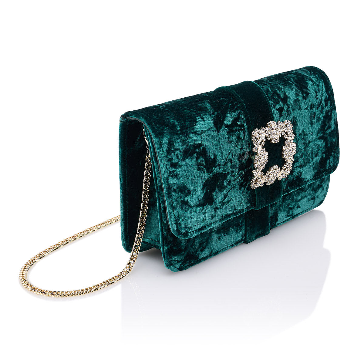 Bolso de terciopelo verde con broche de Swarovski