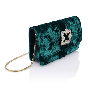 Bolso de terciopelo verde con broche de Swarovski