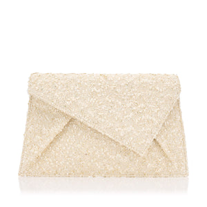 Bolso sobre con tejido tweed en tono marfil