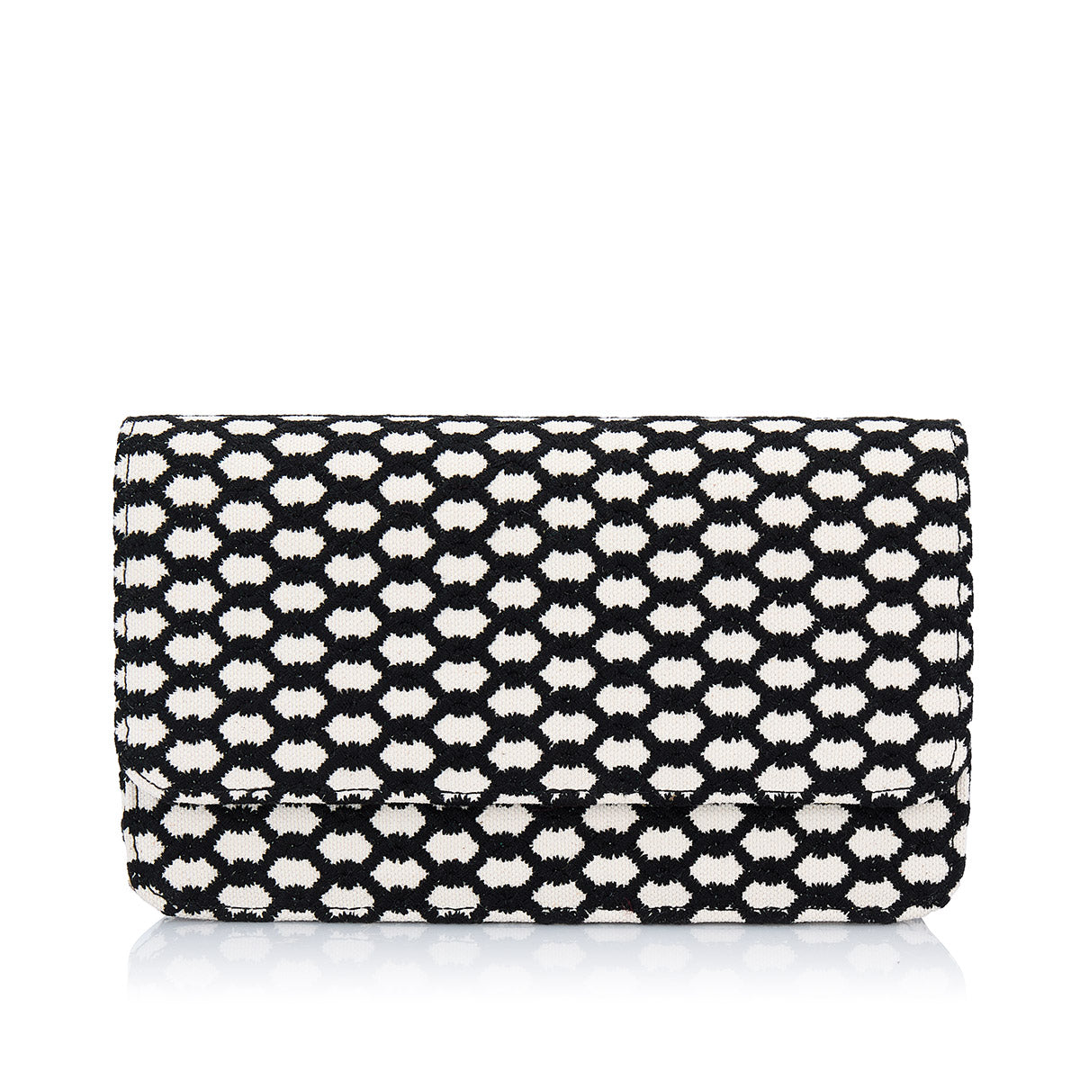 Clutch with black and white geometric pattern