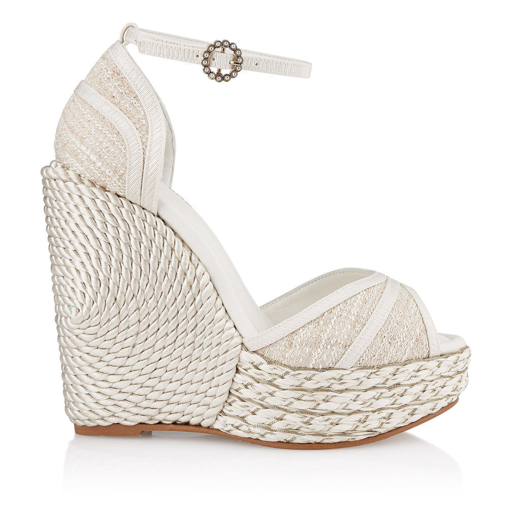 Helena Sandalias de cuña en tweed crudo e hilos dorados Just