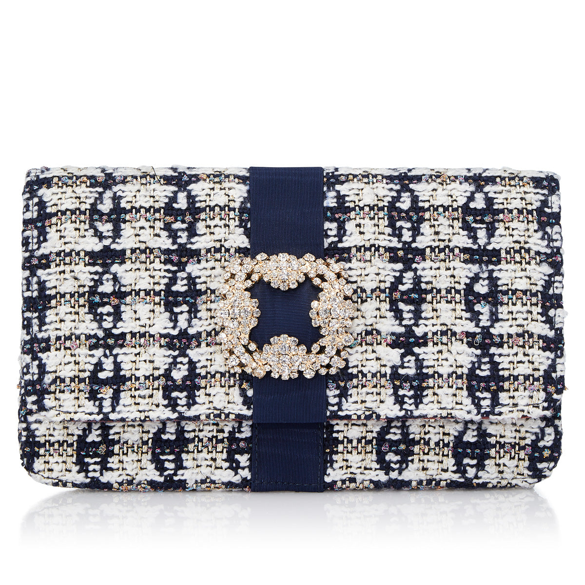 White, navy blue and gold tweed print clutch with gold clasp