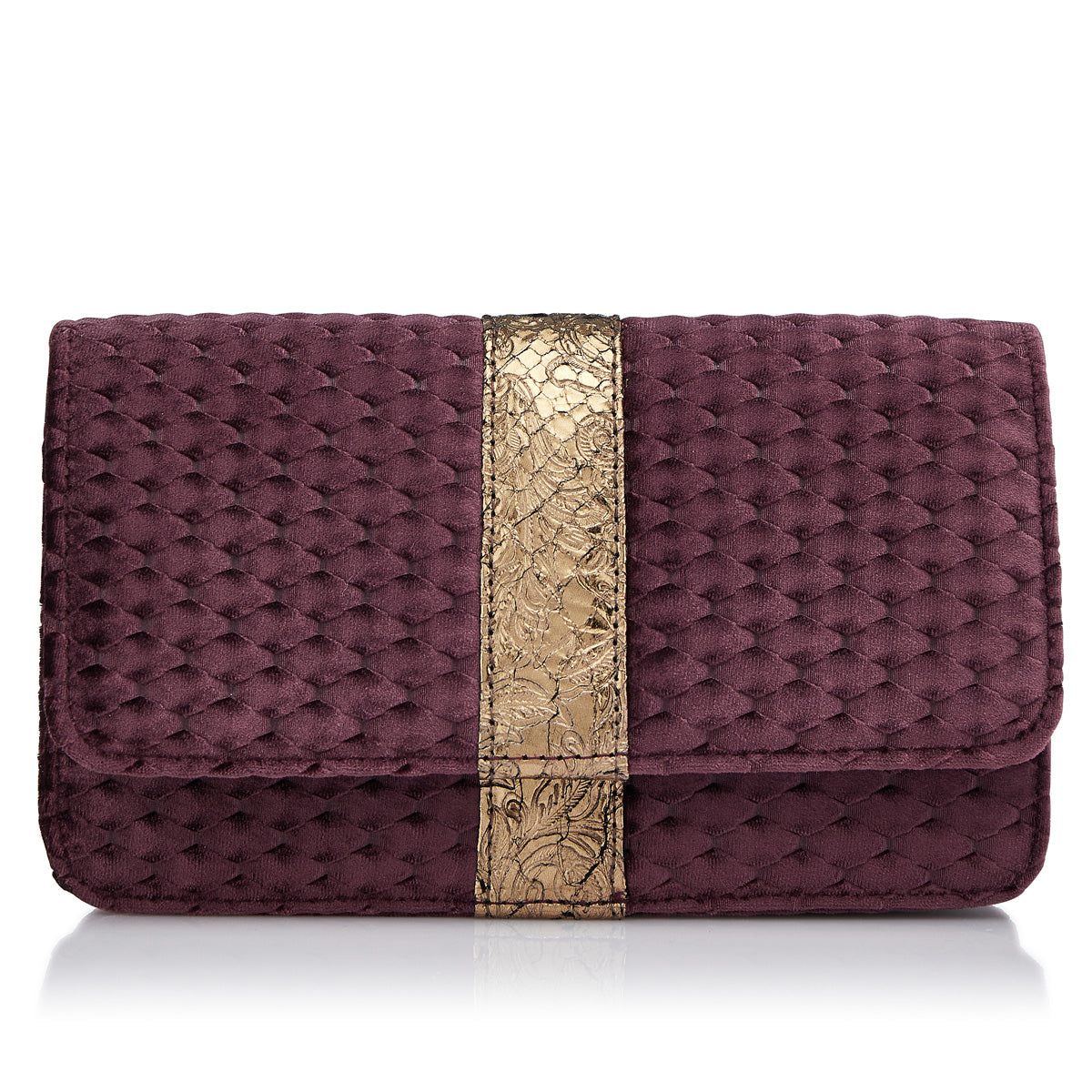 Quilted garnet velvet clutch with scale pattern and old gold brocaded leather