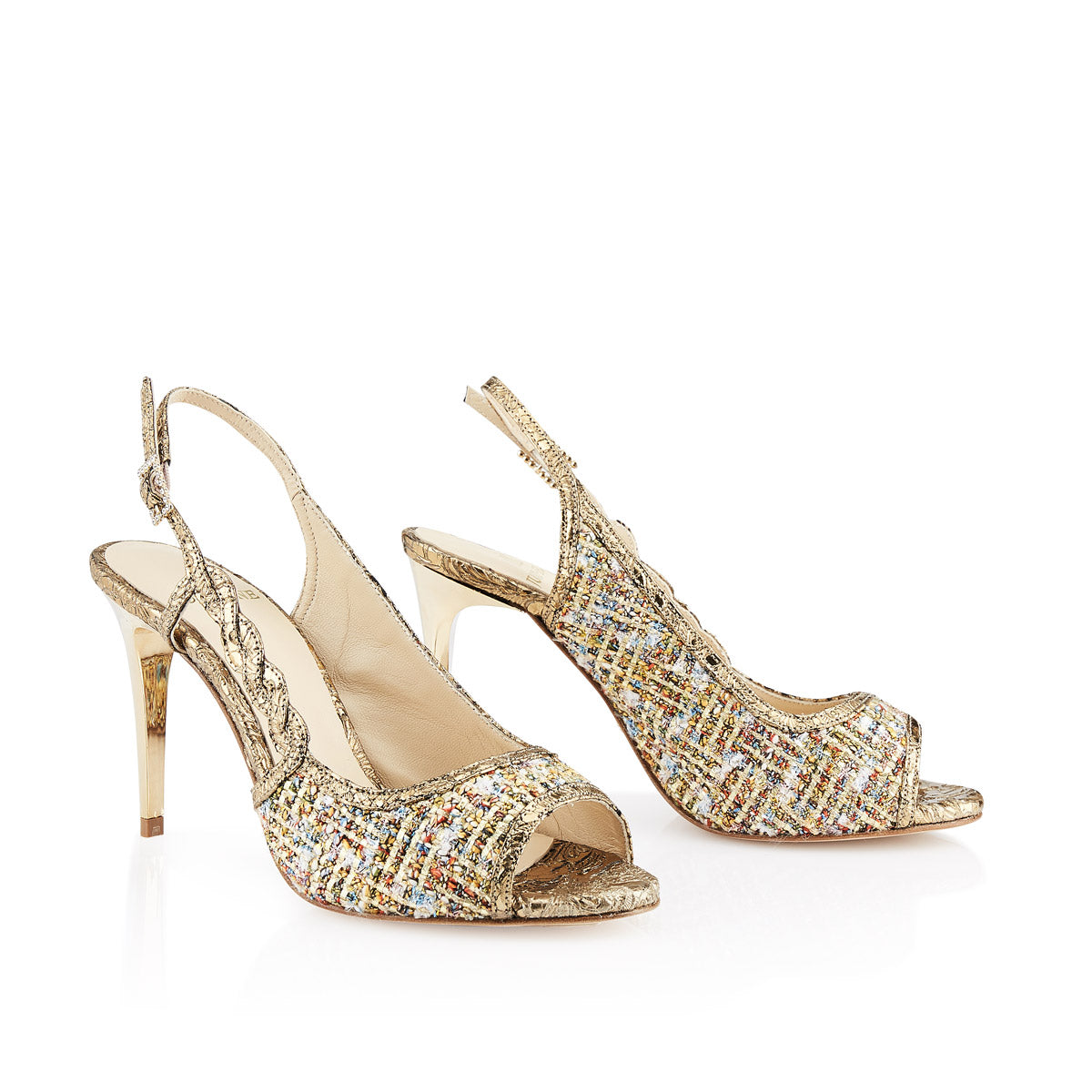 sandalias destalonadas de tejido tweed dorado