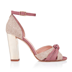 Sandalia de tacón ancho lino y raso rosa/ nude
