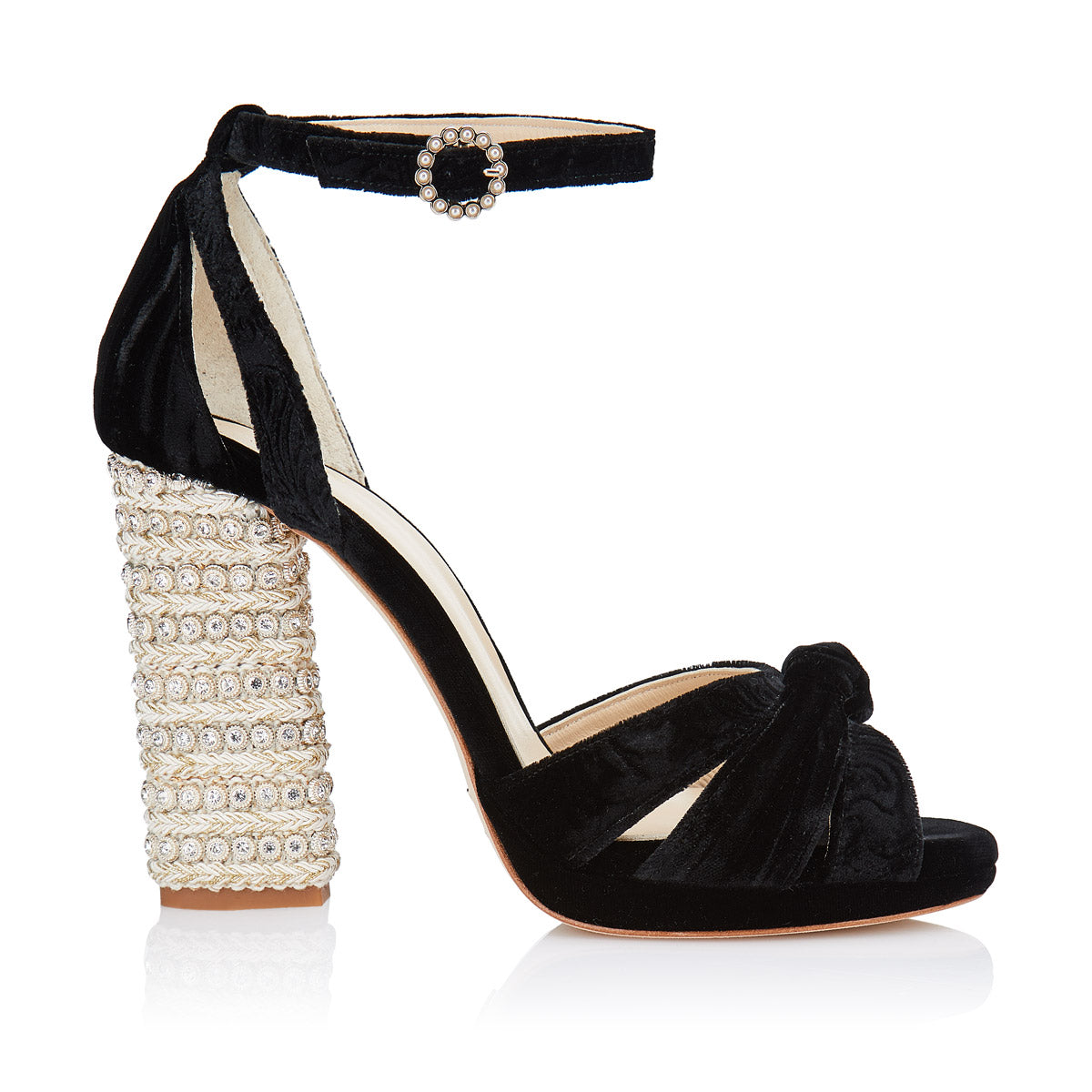 sandalias de mujer de terciopelo negro con tacón grueso con trenzado y cristales