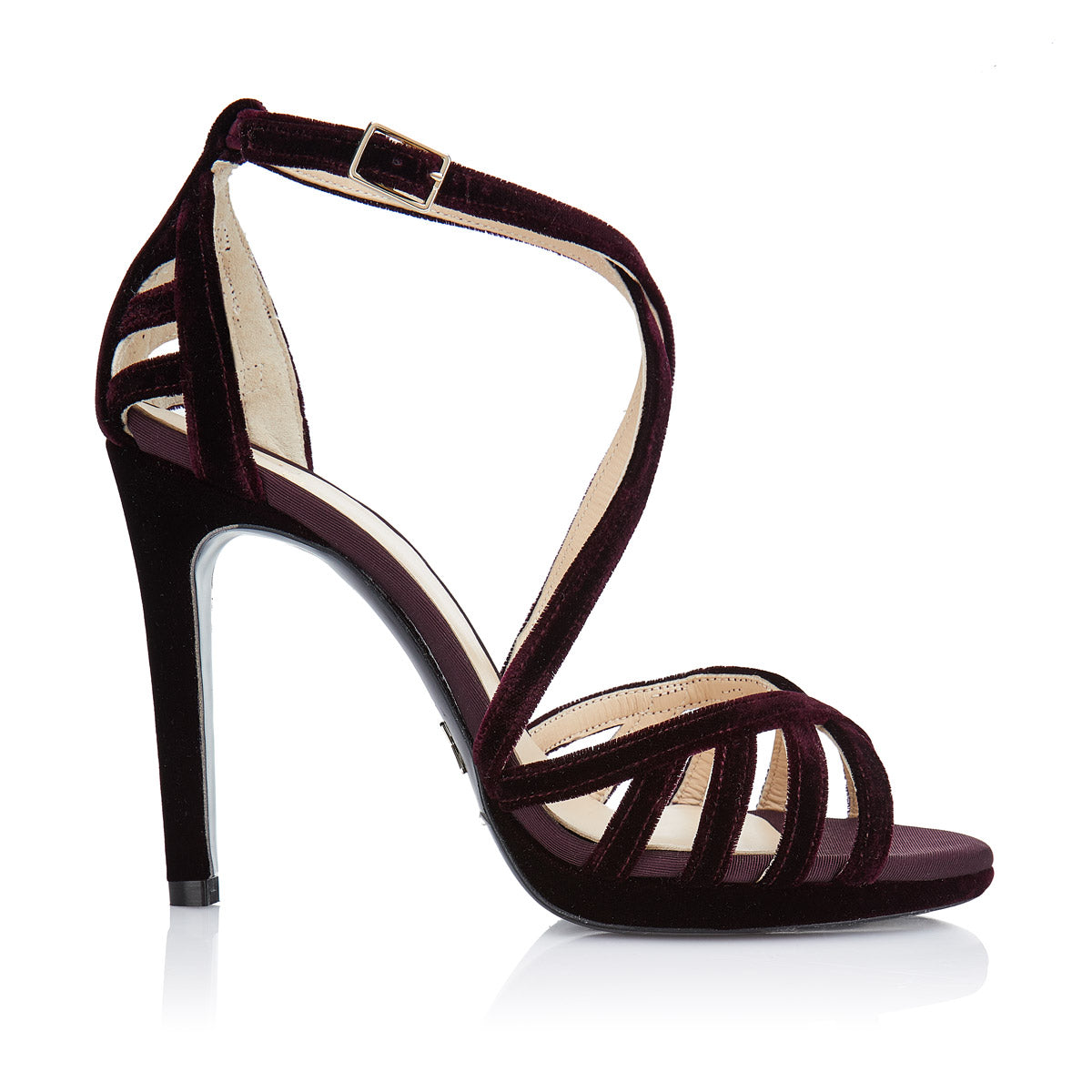 sandalias de mujer en terciopelo burdeos con raso plisado y tacón fino